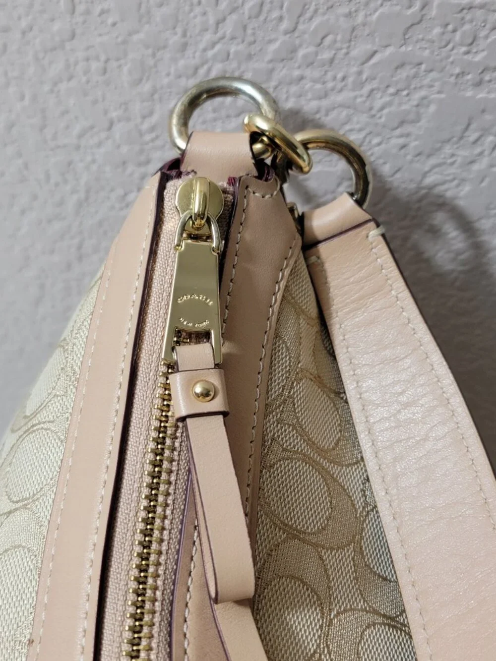 Coach Ivie Hobo Signature Jacquard Bag Light Khaki Beechwood Leather F34824